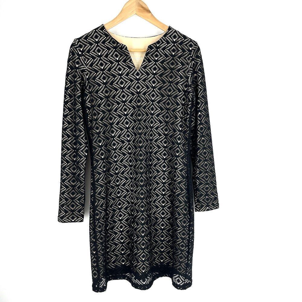 Coolibar Dress Size XS Black Beige Crochet Lace Sheath V Neck Long Sleeve UPF 50